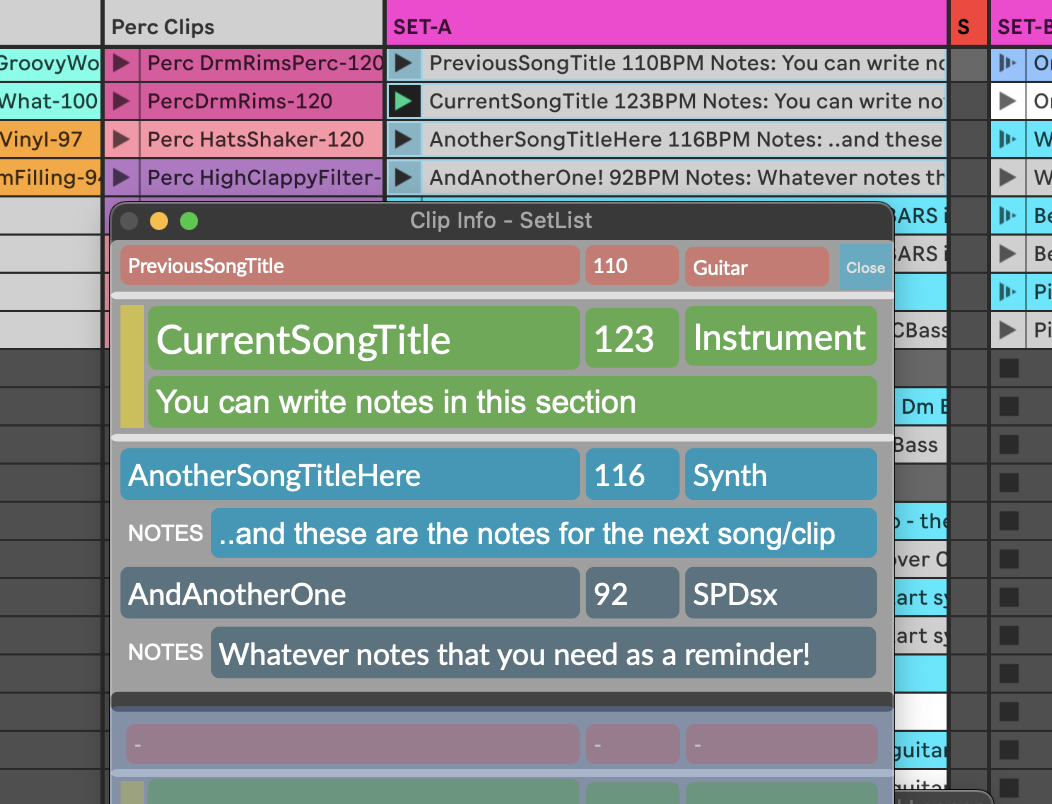 ClipNameSetlist displaying performance metadata in Ableton Live